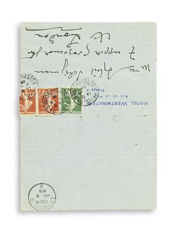 PUCCINI, GIACOMO. Autograph Note Signed, Giacomo, to Sybil Seligman (Dear Sybil), in Italian,